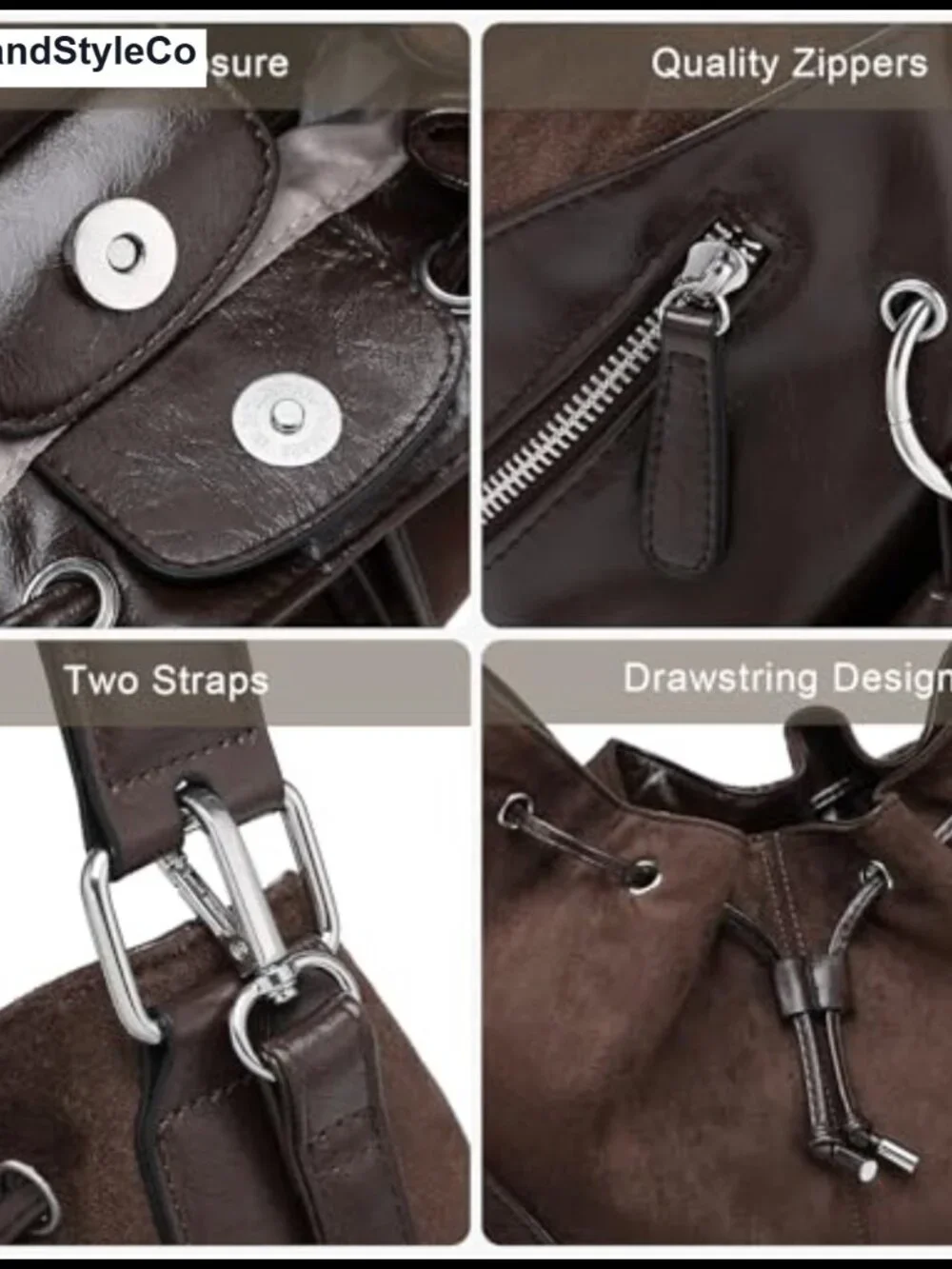 Women's Large Hobo Bag Drawstring Bucket Tote Vegan Leather Work Travel